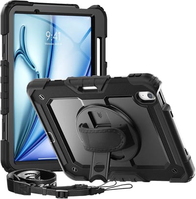 Tablethoes Geschikt voor: Apple iPad Air (2024) / Apple iPad Air (2025) M3 & M2 - 11-inch 2024 6e generatie (A2902/ A2903/ A2904) Tablet Kids case - Armor Case - Schermbeschermer - ShockProof - Handstrap - met Schouderband - Zwart - ZT Accessoires