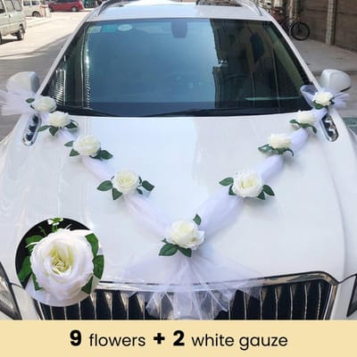 Witte Roos Kunstbloem voor Bruiloftsauto Decoratie Bruidsauto Decoraties Deurklink Linten Zijden Bloem