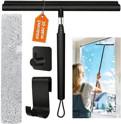 Telescopische Raamtrekker 32 x 146 cm, Siliconen Ruitenwisser met Microvezel Borstel en 2 Haken voor Badkamer en Auto, Ideaal voor Schoonmaken van Ramen en Douches