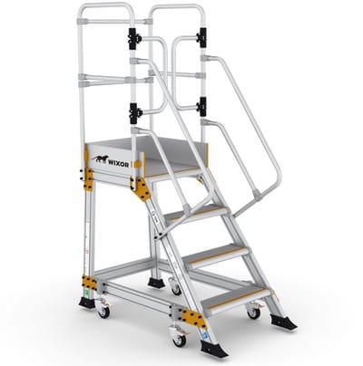 Verrijdbare bordestrap 4 treden | Veerwielen | Zelfsluitende deuren | Werkplatform | Industrieel platform | Zwaar professioneel gebruik | EN 131-7 | TÜV-gecertificeerd | 100cm platformhoogte | 3,00 meter werkhoogte