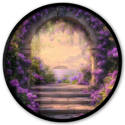 Poster in lijst Rond - Fotolijst 40x40 cm - Posters - Poort - Paars - Bloemen - Ronde posterlijst zwart - Decoratie - Wanddecoratie woonkamer - Muurdecoratie slaapkamer