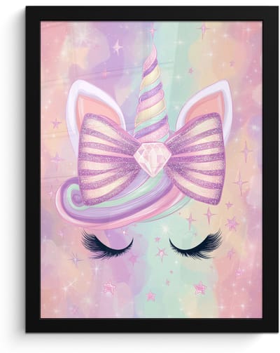 Poster in lijst - Fotolijst 30x40 cm - Posters - Eenhoorn - Glitters - Regenboog - Pastel - Posterlijst zwart - Decoratie - Wanddecoratie woonkamer - Muurdecoratie slaapkamer