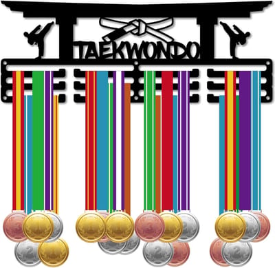 Taekwondo Medaillehouder - Medaillependant - Medaaled decor - Wandmontage - 3-Lijnen ontwerp - Cadeau voor Taekwondo-speler - Racing winnaar - Zwart - 30 x