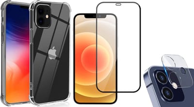 Hoesje geschikt voor iPhone 12 Mini - Transparant Siliconen Shockproof Case + Screen Protector Glas Full + Camera Lens Protector