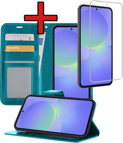 Hoesje - Met Screenprotector - Geschikt voor Samsung Galaxy A36 - Luxe Pasjeshouder - Flipcase - Bookcase Portemonee - Flip Case - Kunstleer Book Case - Book Cover - Walletcase - Portemonneehoes - Telefoonhoes - Turquoise