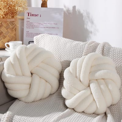 Set van 2 Decoratieve Kussens 35cm Rond Knots Kussen Sherpa Zacht Pluche Beige Sierkussen voor Bank en Slaapkamer