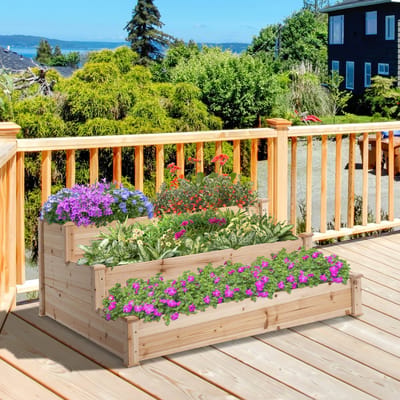 Wishdor - Verhoogde Plantenbak Met 3 Niveaus - Trapvormig Ontwerp - Voor Balkon En Tuin - Hout - Naturel - 124 X 124 X 56 Cm