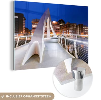 ® Glasschilderij 180x120 cm - Schilderij acrylglas - Zonsopkomst - Glasgow - Brug - Foto op glas - Muurdecoratie woonkamer - Wanddecoratie slaapkamer - Schilderijen