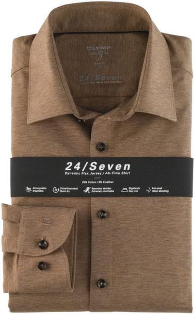 OLYMP Level 5 Body Fit overhemd 24/7 - bruin tricot - Strijkvriendelijk - Boordmaat: 38