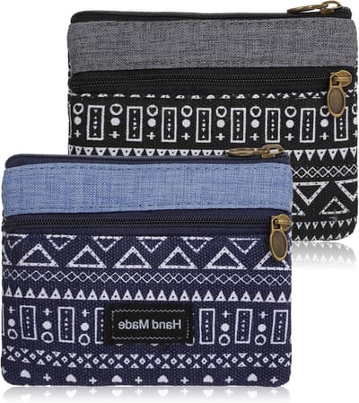 Mini Portemonnee voor Vrouwen met 4 Ritsvakken, Compacte Canvas Portemonnee voor Munten, Contant Geld en Kaarten, 12 x 9 cm, Bohemian Stijl in Blauw-Zwart