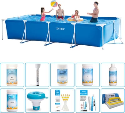 Intex Rechthoekig Frame Zwembad - 450 x 220 x 84 cm - Blauw - Inclusief Chloor - Chloordrijver - Testrips - Reparatiesetje - Scrubborstel - PH-min - PH-plus - Thermometer - Anti Alg - 11-delig