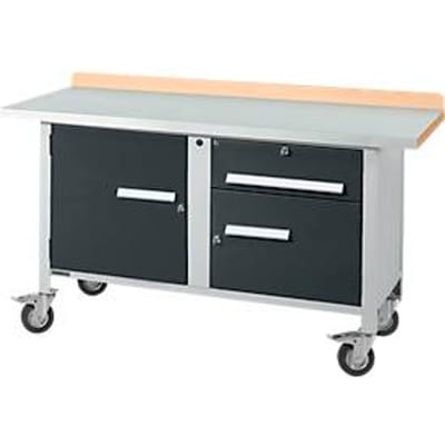 Verrijdbare werkbank Schäfer Shop Select PWi 150-3, beuken decor multiplex blad, met stalen afdekking, tot 400 kg, B 1500 x D 700 x H 840 mm
