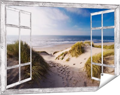 Gards Tuinposter Doorkijk Strand en Duinen - 120x80 cm - Tuindoek - Tuindecoratie - Wanddecoratie buiten - Tuinschilderij