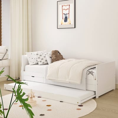 Sunny Eli Kinderbed – Onderschuifbed - Met 3 Opberglades – Kinderbed met Uitschuifbed - 206 x 97 x 75 cm – Peuterbed Meisjes en Jongens – FSC 100% Hout – Met Lattenbodem – Kajuitbed - Exclusief Matras – Wit