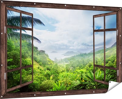 Gards Tuinposter Doorkijk Jungle Uitzicht op de Seychellen - 180x120 cm - Tuindoek - Tuindecoratie - Wanddecoratie buiten - Tuinschilderij