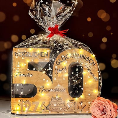 SnelShoppen - Houten Gastenboek 50 Jaar - Persoonlijk Cadeau voor Verjaardag en Jubileum - Decoratie Set met LED Lichten en Accessoires - Voor Mannen