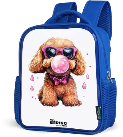 NoBoringSuitcases.com® - Rugzak blauw - Schooltas jongens - Bruine hond met roze bril en kauwgombal - Kinder rugtas jongen - Boekentas kind - Kinderrugzak voor school - Schoolrugzak