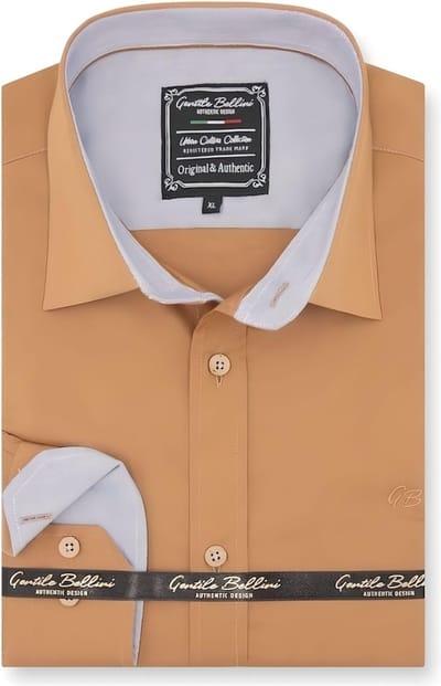 Heren Overhemden Lange Mouw - Slim Fit Overhemd Heren - Chambray Contrastbeleg - Blouse Heren Volwassenen - Licht Bruin - Maat L
