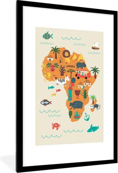 Wereldkaart Kinderen - Afrika - Oranje - Schoolplaat - Kinderkamer - 80x120 cm