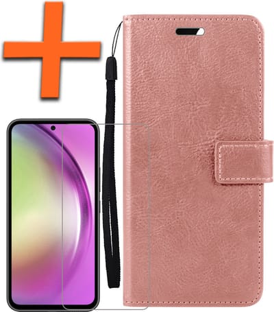 Hoes - Met Screenprotector - Geschikt voor Samsung Galaxy A54 - Luxe Pasjeshouder - Bookcase Portemonee - Flip Case - Kunstleer Book Case - Flipcase - Book Cover - Walletcase - PortemonneeHoes - Rosé goud