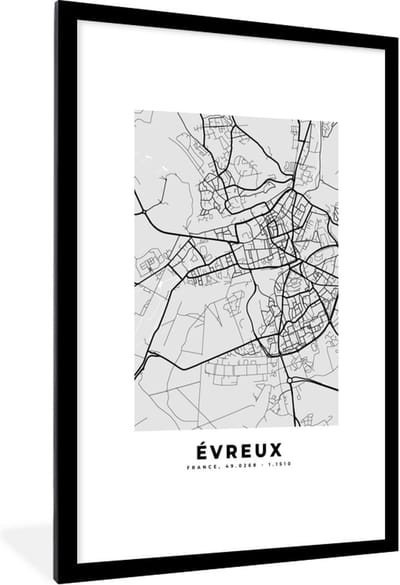 Fotolijst incl. Poster - Stadskaart – Frankrijk – Kaart – Évreux – Plattegrond - 80x120 cm - Posterlijst