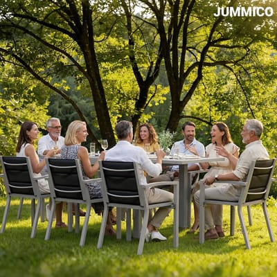 Tuinmeubelset 8 Personen – Aluminium Dining Set met Stapelbare Stoelen en Weerbestendige Tuintafel – Modern Lichtgrijs 80 cm – Duurzaam & Onderhoudsvrij – Nicolehome