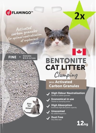 Kattenbakvulling - Bentoniet met actieve koolgranulaat - Fijne korrels Klonterend - Geschikt voor kittens - 2 x 12 kg