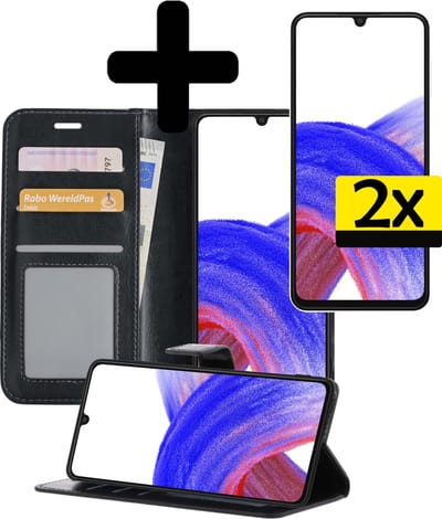 Hoesje - Met 2x Screenprotector - Geschikt voor Samsung Galaxy A33 - Luxe Pasjeshouder - Bookcase Portemonee - Flip Case - Kunstleer Book Case - Flipcase Hoes - Book Cover - Walletcase - Portemonneehoes - Telefoonhoesjes - Zwart
