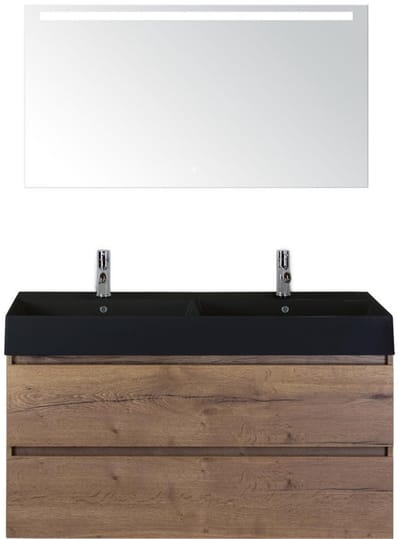 Maxx XL Badmeubelset 120 cm - Tabacco - Wastafel Kube Dubbel Zwart 2 Kraangaten met LED Spiegel