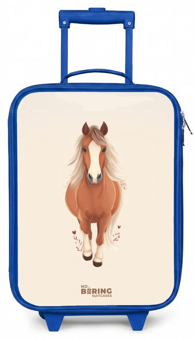 NoBoringSuitcases.com® - Kinderkoffer blauw - Kindertrolley jongen - Bruin paard in gallop - Koffer kind lichtgewicht - Reiskoffer trolley voor kinderen - Koffertje met lichtgevende wieltjes - Rolkoffer