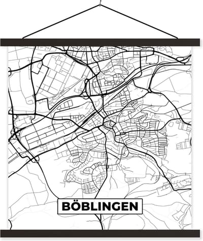 Posterhanger incl. Poster 60x60 cm - Schoolplaat - Böblingen - Plattegrond - Kaart - Stadskaart - Textielposter - Zwarte latten - Stadskaart