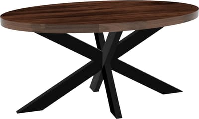 Ovale Eettafel - Mangohout Tafel - Gezellig Tafelen - Robuust Metaalframe - 160x90x76cm - Walnootbruin