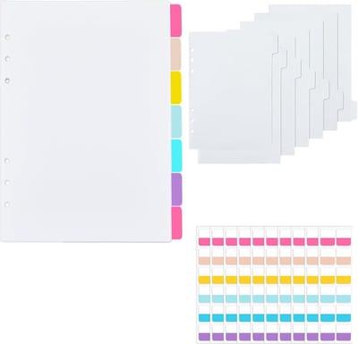 7 stuks A5 scheidingsbladen met 120 stickers, kunststof map, tabbladen, map, register, 6 gaten, zijverdeler, notitieboek, scheidingsbladen, A5, indexverdeler, voor ordner, A5, ringband, planner