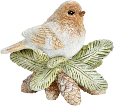 Kerstdecoratie Vogel op Dennentak met Dennenappels – 8×7×4 cm – Beige & Wit – Glitters