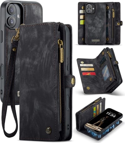 CaseMe Hoesje - Geschikt voor iPhone 16 Plus Hoesje - CaseMe 008 2-in-1 Book Case & Back Cover met Portemonnee - Zwart