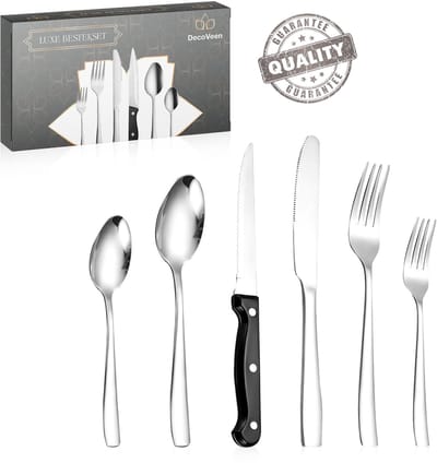 DecoVeen® 6 Persoons (36-delig) Zilver | Bestek, Lepels, Messen, Vorken, Steakmessen - Vaatwasserbestendig | Hoogwaardige Roestvrij Staal / RVS