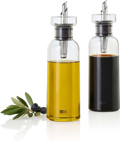 AdHoc AromaPour Olie- en Azijnset met Schenktuit – 2x 300 ml – Transparant Glazen Oliedispensers met RVS Dop – Lekvrij & Precies Schenken – Tijdloos Design
