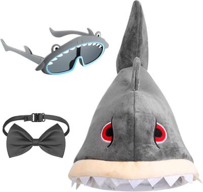 Shark Hoed Set met Grijze Kostuum Hoed, Grappige Feestbril en Vlinderdas voor Kinderen en Volwassenen - Perfect voor Carnaval en Halloween Feestjes