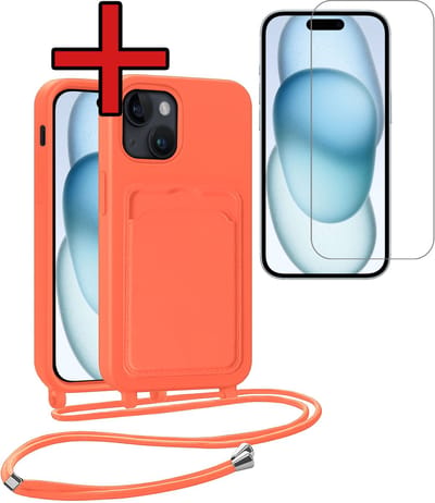 Hoesje Geschikt voor iPhone 15 Plus Hoesje Met Telefoonkoord en Pasjeshouder Met Screenprotector Siliconen - Hoes Geschikt voor iPhone 15 Plus Hoesje Met Kaarthouder Case - Papaya