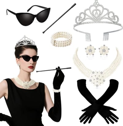 1920s Kostuum Vrouwen 7-Delige Zwarte Accessoire Set, Great Gatsby en Charleston Accessoires voor Feest, Prom en Halloween