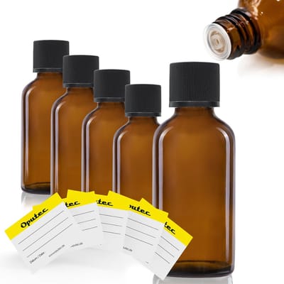 Oputec 5 x 30ml druppelflesjes – bruine apothekersflesjes met druppelinzet & etiketten – lekvrij & kindveilig