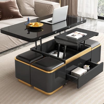 Salontafel 120x60x40 cm Uitschuifbaar & In Hoogte Verstelbaar met Opbergruimte, 4 Krukken en Lift-Top Tafelblad - Multifunctionele Eettafel, Bureau en Woonkamertafel Zwart - Mobili Bella
