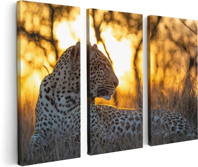 Artaza Canvas Schilderij Drieluik Luipaard Tijdens De Zonsondergang - 120x80 cm - Wanddecoratie Woonkamer - Schilderijen - Muurdecoratie