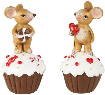 Dekoratief | Muisje staand op cupcake, bruin/wit, resina, 7x7x13cm, set van 2 stuks | A255226