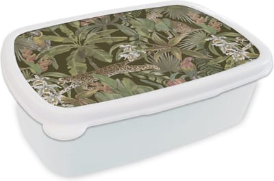 Broodtrommel Wit - Lunchbox - Brooddoos - Jungle - Dieren - Vintage - Patroon - 18x12x6 cm - Volwassenen
