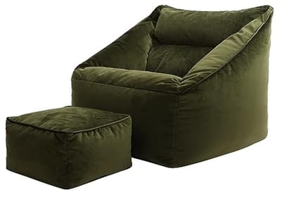 icon Natalia Bean Bag Armchair with Hocker, Olive Green, Velvet Fabric, Bean Bag Adult with Filling Included, Bean Bag, Bedroom, Living Room, Living Room Furniture