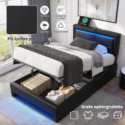 MODENUIT Gestoffeerd Bed 90x200 cm – USB-Opladen & Ledverlichting – Opbergruimte onder Bed – Zonder matras – PU – Zwart