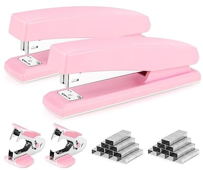 Desktop Nietmachine - 2 Stuks - Capaciteit 25 Vel - Inclusief 2000 Nietjes en 2 Nietverwijderaars - Roze