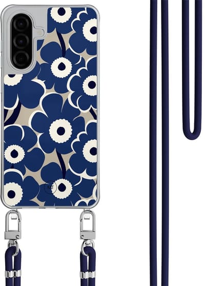 Hoesje met koord geschikt voor Samsung Galaxy A26 - Abstract bloom - Inclusief Donkerblauw koord - Crossbody beschermhoes - Transparant, Blauw - Mooie Telefoonhoesjes
