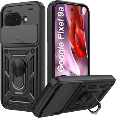 Casemania Hoesje Geschikt voor Google Pixel 9a - Zwart - Anti-Shock Hybrid Armor Back Cover - Hoes met Kickstand Ring en Camera Bescherming